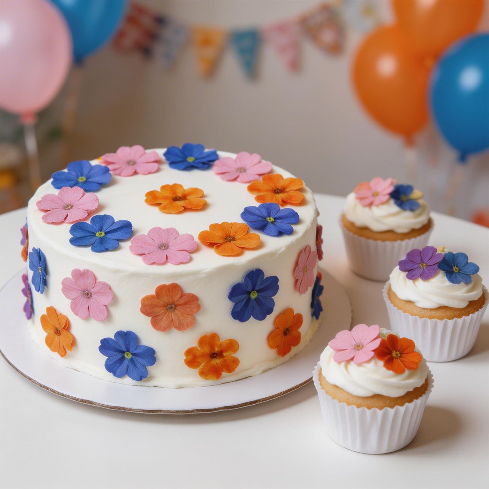 Natural Dried No-Edible Flowers for Cakes - Sakura Style 36pcs Set (12 Orange+12 Blue+12 Pink) | Cake Decorations | Cocktail Garnish Wedding Dessert Topper