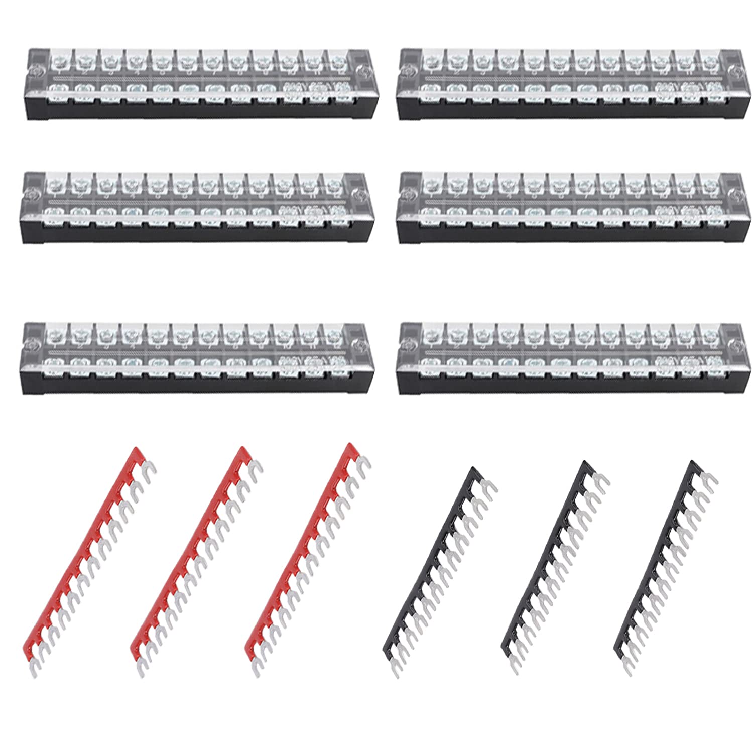 Ruidee 12pcs (6 Set) Terminal Block 12 Positions Dual Rows Covered Screw Terminal Block 600V 25A + 6Pcs 12 Positions Pre-Insulated Fork Terminal Barrier Strip Red/Black 400V 25A TB-U2512 — image 1