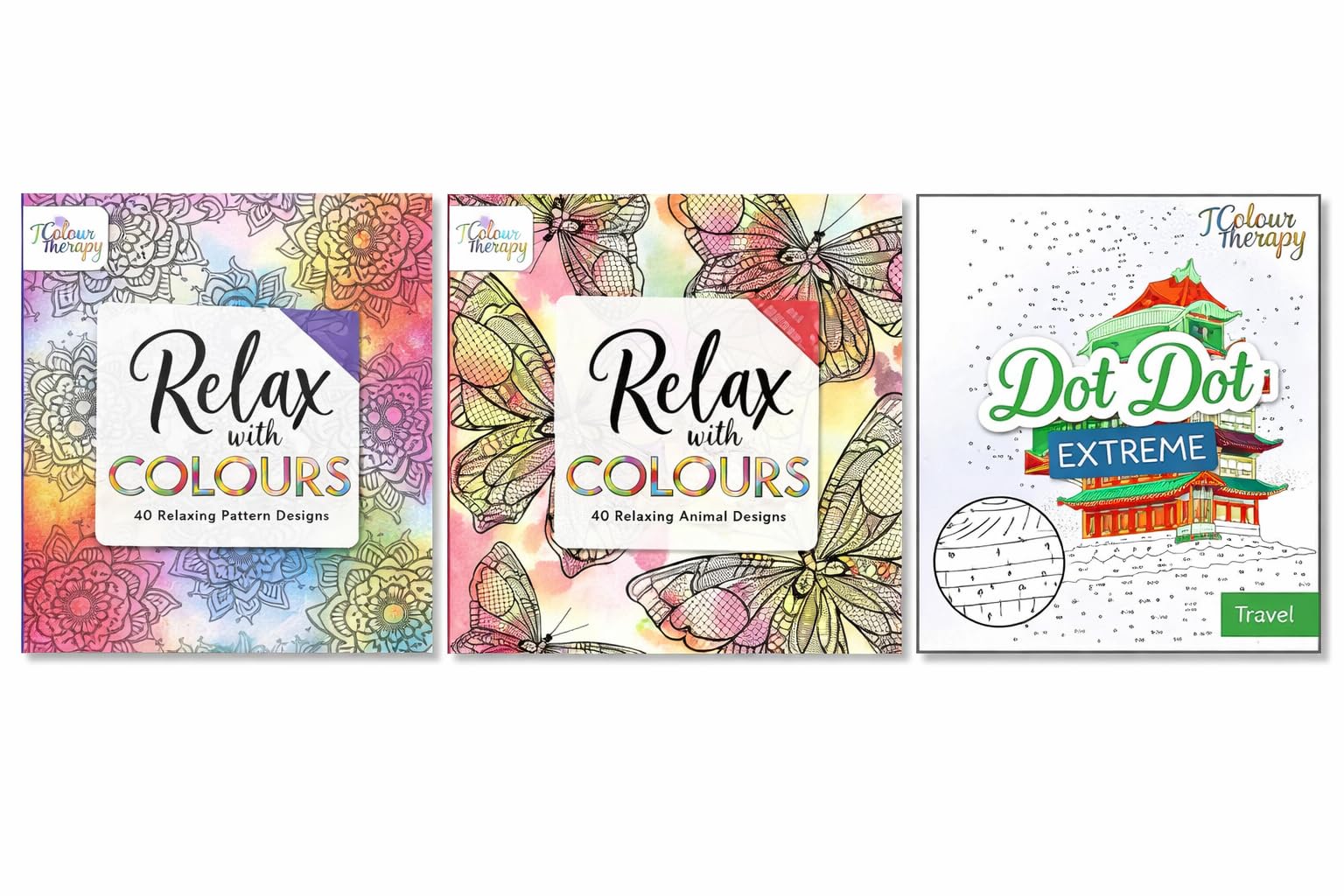 Sixstore Adult Colouring Books, 3-Pack, 180 Designs – Connect-the-dots Travel Book, Colouring Book with Animal and Pattern Illustrations – Sketchbook for Mindfulness and Relaxation – Series 3