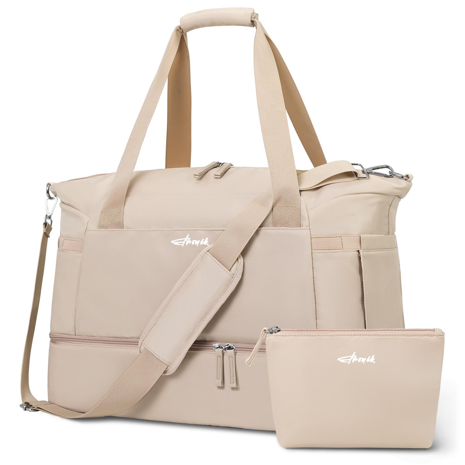 ETRONIK Gym Bag Womens, Travel Duffel Bag, Easyjet Cabin Bag 45x36x20 Underseat, Weekend Bag with Shoes Compartment, Hospital Bag with Wet Pocket & USB Charging Port, Overnight Sports Bag, Khaki