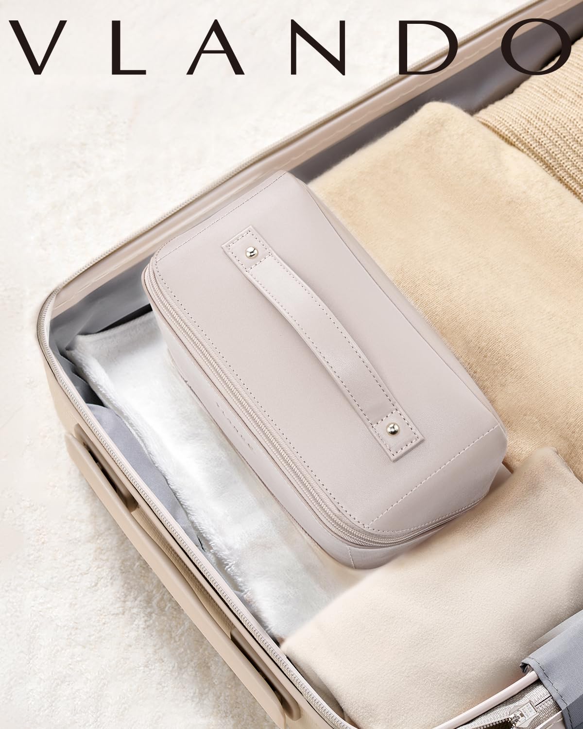 Vlando Travel Makeup Bag,Make up Bag Travel Toiletry Bag for Women Open Flat Makeup Organizer with Divider and Handle-White