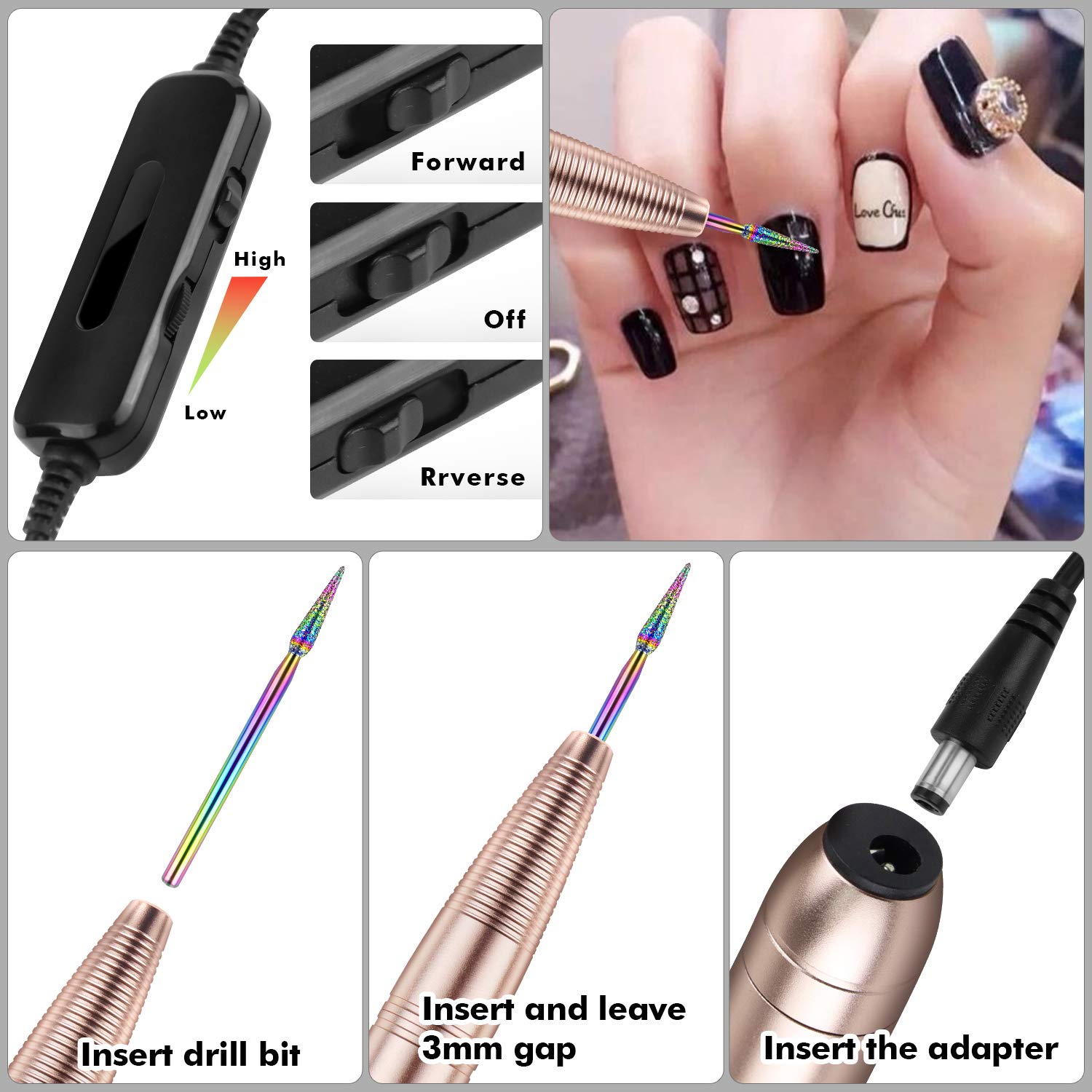 Electric Nail File Nail Drill - Ejiubas Portable Nail Drill Machine Nail Drills for Acrylic Nails Handpiece Drill Nail E File Manicure Pedicure Tool Set for Home Salon Golden: Beauty