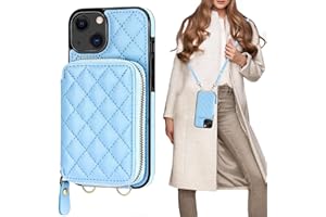 Bocasal Crossbody Wallet Case for iPhone 13, RFID Blocking PU Leather Zipper Handbag Purse Flip Cover, Kickstand Folio Case with Card Slots Holder Wrist Strap Lanyard 5G 6.1 Inch (Blue)