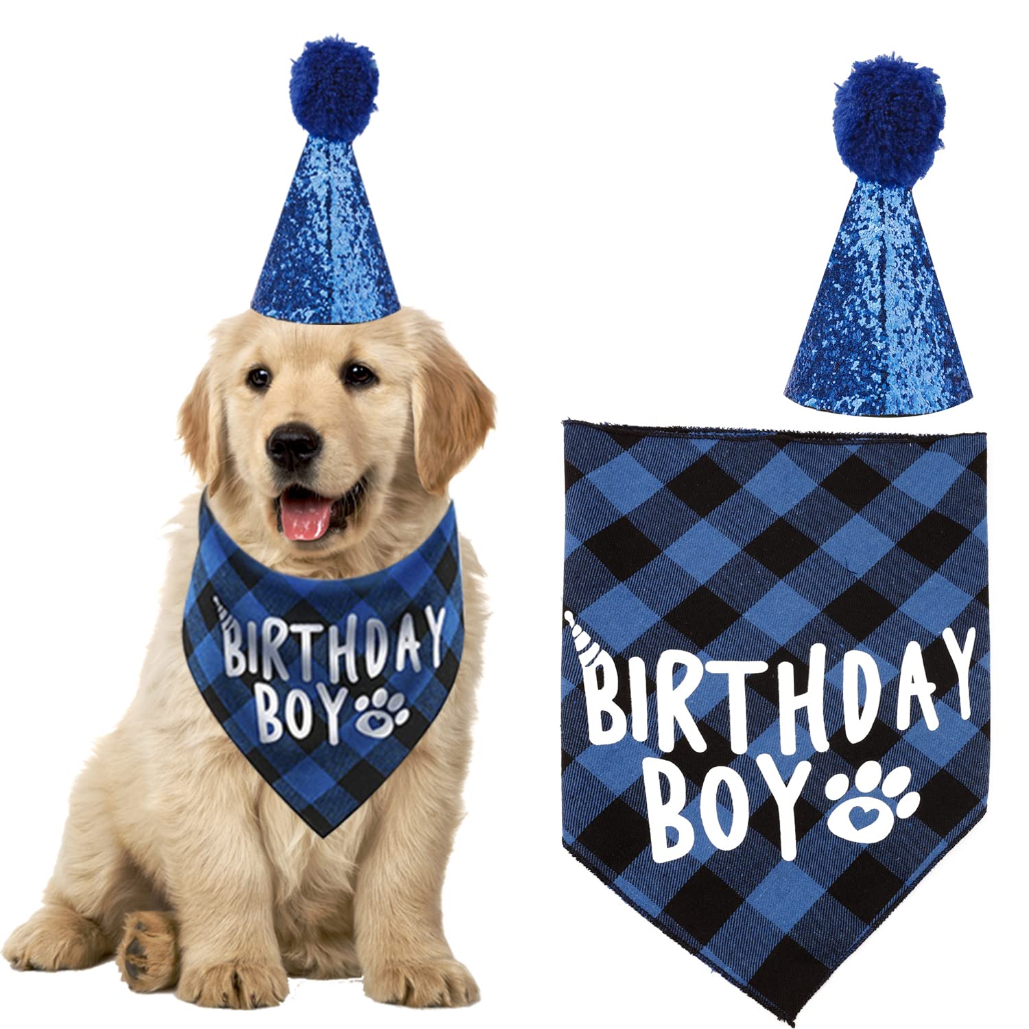 Kuou Cute Boy Dog & Cat Birthday Outfit - Blue Bandana for Pets Party Decoration