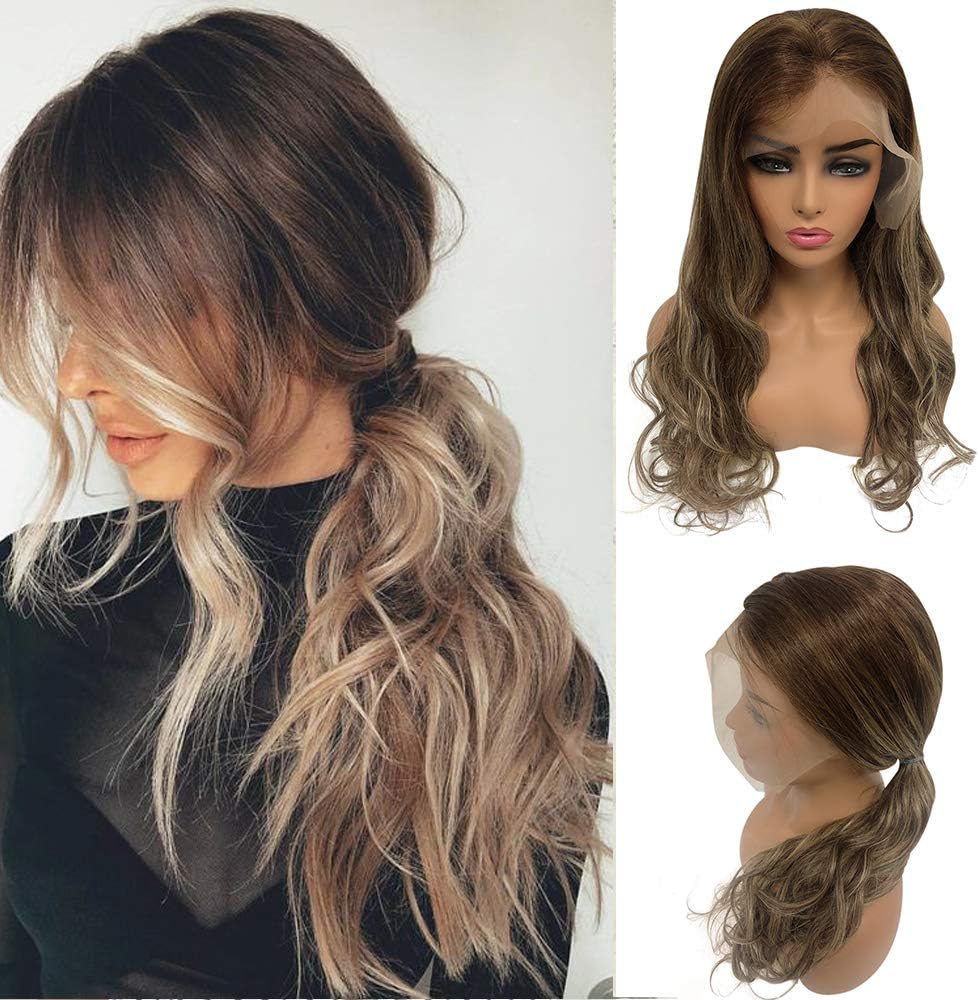 Long Wavy Balayage Human Hair Lace Front Wigs Medium Brown and Honey Blonde Highlights Glueless Brazilian Remy Natural Wave Pre Plucked with Baby Hair Bleached Knots Free Part 24” 150% Density
