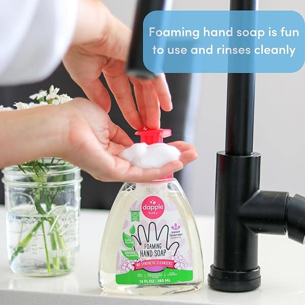 DAPPLE FOAMING HAND SOAP, GENTLE HAND WASH BABY SOAP, HYPOALLERGENIC FOR SENSITIVE SKIN, POWERED BY PLANTS, LAVENDER, 13 FL OZ (PACK OF 1)