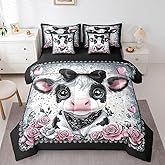 Feelyou Cute Highland Cow Comforter Set Queen 7 Pcs Highland Cattle Bowknot Flowers Floral Pattern Bedding Set Western Farmhouse Animal Bed in a Bag with Comforter, Sheets, Pillowcases & Cushion Cover
