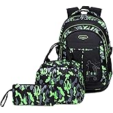 goldwheat School Backpack for Boys Cool Camouflage Bookbags with Lunch Box Pencil Case 3pcs for Middle School, Green