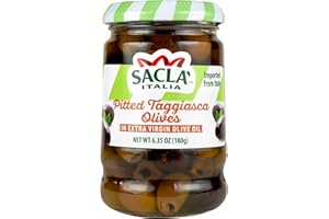SACLA Pitted Taggiasca Olives Antipasti | Italian Small Black Olives in EVOO | 6.35 oz Glass Jar | Delicate, Fruity Flavor | Non-GMO Vegan | Imported from Italy | Gourmet Antipasto