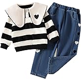 Ltvoo Toddler Girls 2 Pieces Peter Pan Collar Casual Sweatshirt Top and Jeans Denim Pants Set Clothing Outfits for 80-120cm
