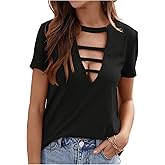 OYOANGLE Women's Cutout Deep V Neck Choker Tee Short Sleeve Summer Tunic Tops Shirts