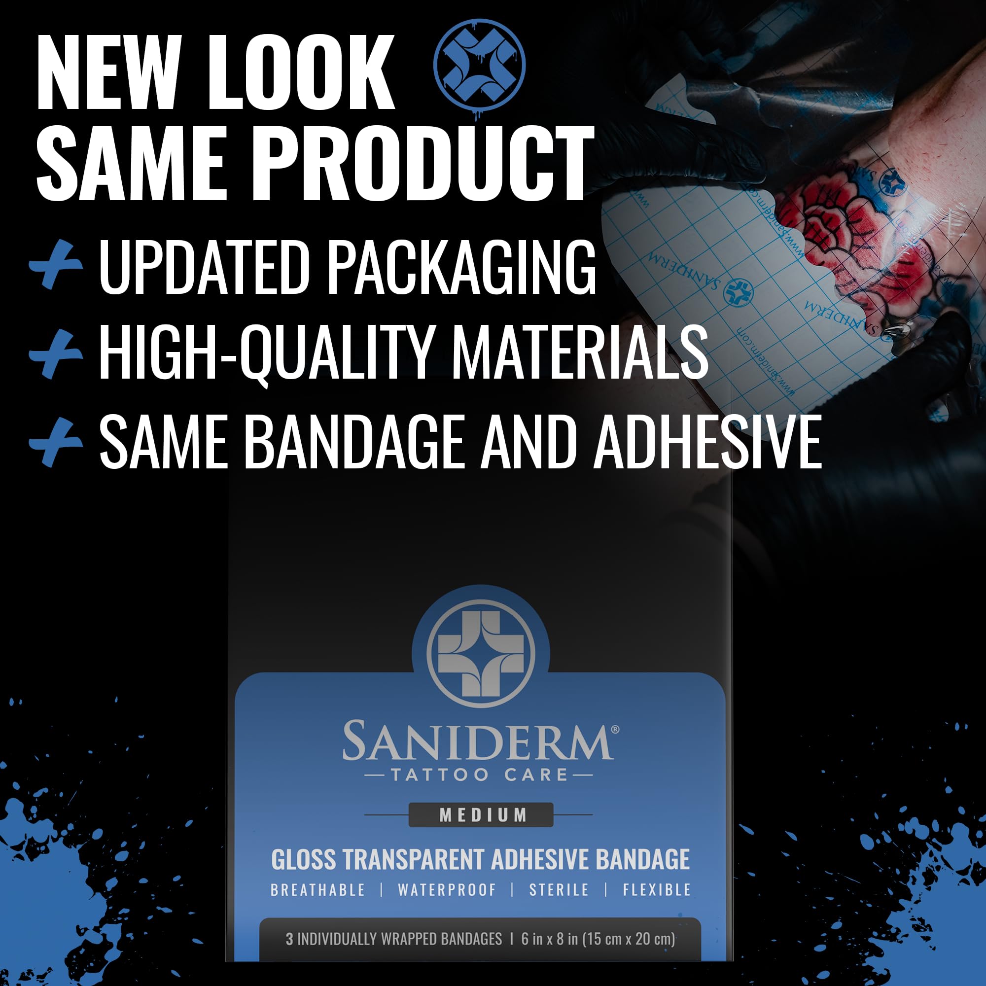 Saniderm Tattoo Aftercare Bandage 3 Sheets (Medium Pack, 6 in x 8 in) – Convenient, Faster Tattoo Healing and Protection – Sterile, Waterproof, and Latex-Free