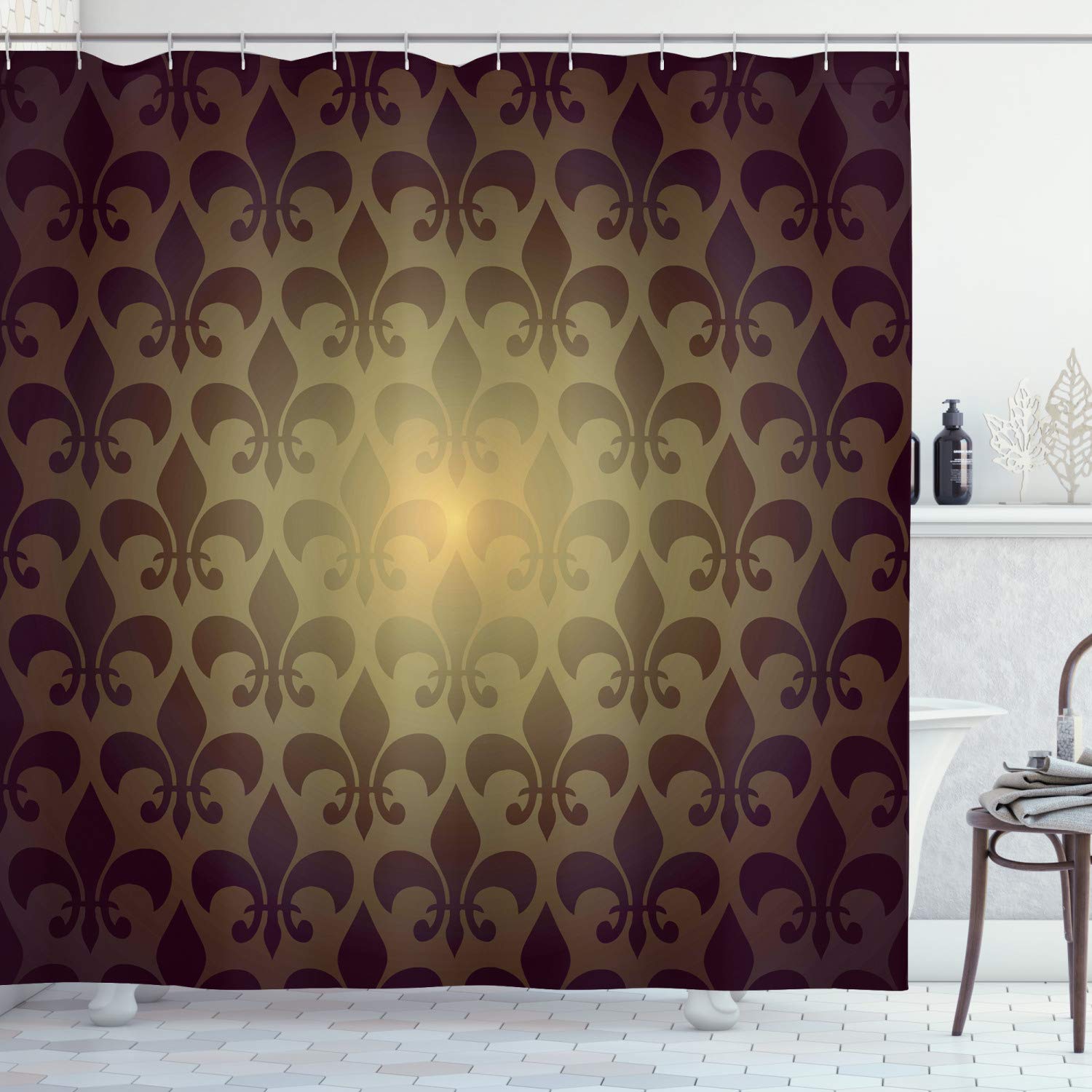 ABAKUHAUS Fleur De Lis Shower Curtain, Royal Lily Flower Inspired Floral Baroque Style Dark Pattern Modern Style Artwork, Cloth Fabric Bathroom Decor Set with Hooks, 86 Inches Extra Long, Brown