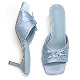 RUSAUISE Open Toe Kitten Heels Bow Sandals Slip On Almond Toe Cutout Elegant Mule Sandals for Wedding Party Summer Shoes