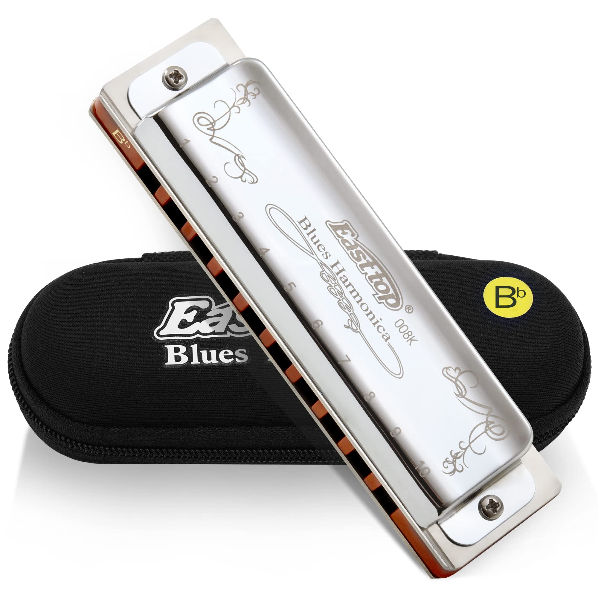 East top Diatonic Harmonica Key of Bb, Mouth Organ 10 Holes 008K with Silver Cover, Blues Harmonicas For Adults, Professionals, Beginners and Students