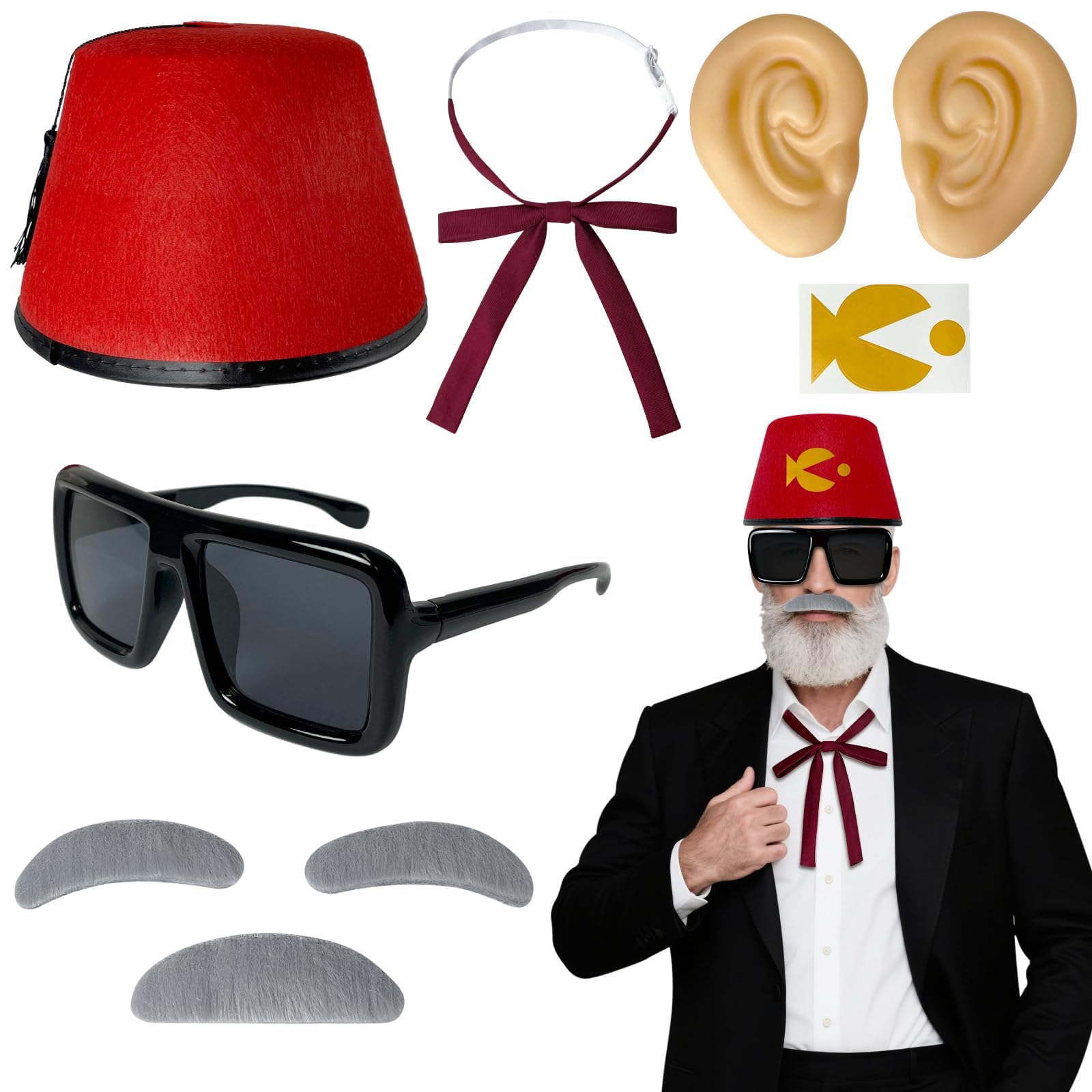 Photo 1 of ***(SMASHED HAT/ MINOR DAMAGE)***tian 8 Pcs Halloween Old Man Costumes Accessories, Red Fez Hat, Gray Beard Eyebrow, Black Square Glasses, Fake Ears, Long Silk Bow Tie for Halloween Men Cosplay Dress up