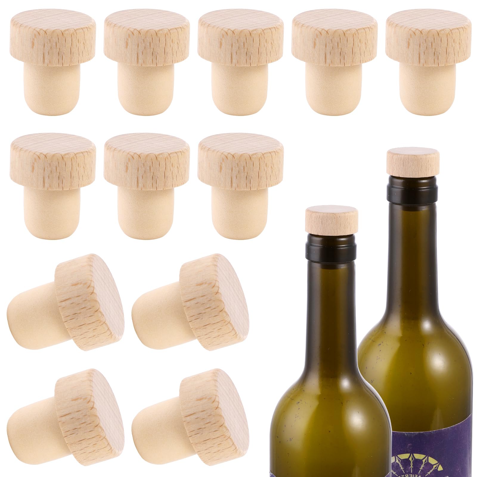 Aster 12 Pieces Wine Bottle Corks Wooden, T-Shaped Wine Bottle Stoppers, Cork Stoppers for Bottles, Silicone Sealed Reusable Rubber Bottle Corks Sealing Plugs for Wine Beer Bottles
