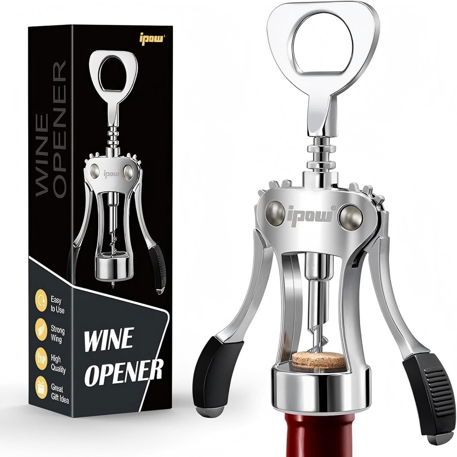 Photo 1 of IPOW Wine Opener, Zinc Alloy Wine Bottle Opener, Wing Corkscrew Heavy Duty, Manual Multifunctional Cork Screw for Waiter, Silver