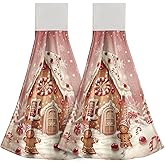 Giwawa 2PCs Gingerbread Man Hanging Kitchen Towel Xmas Ginger Bread House Hand Loop Hook Dish Towels Winter Cookie Candy Cane Decorative Wipe Washcloth for Bathroom Laundry Room Gym Spa