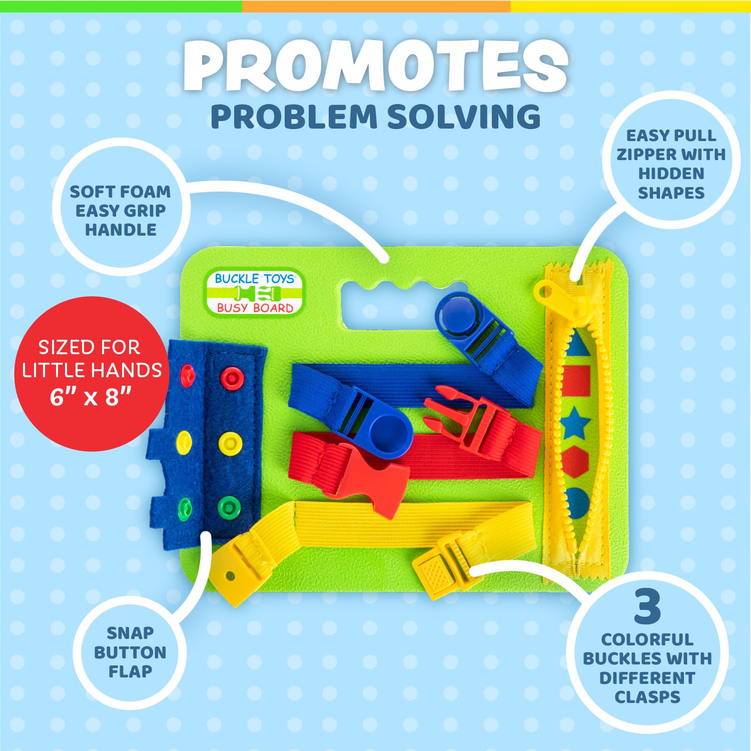 Buckle Toys Mini Busy Board - Montessori Learning Toy for Toddlers Great Kids Airplane Activies - Foam Sensory Board - Develop Fine Motor Skills - Green