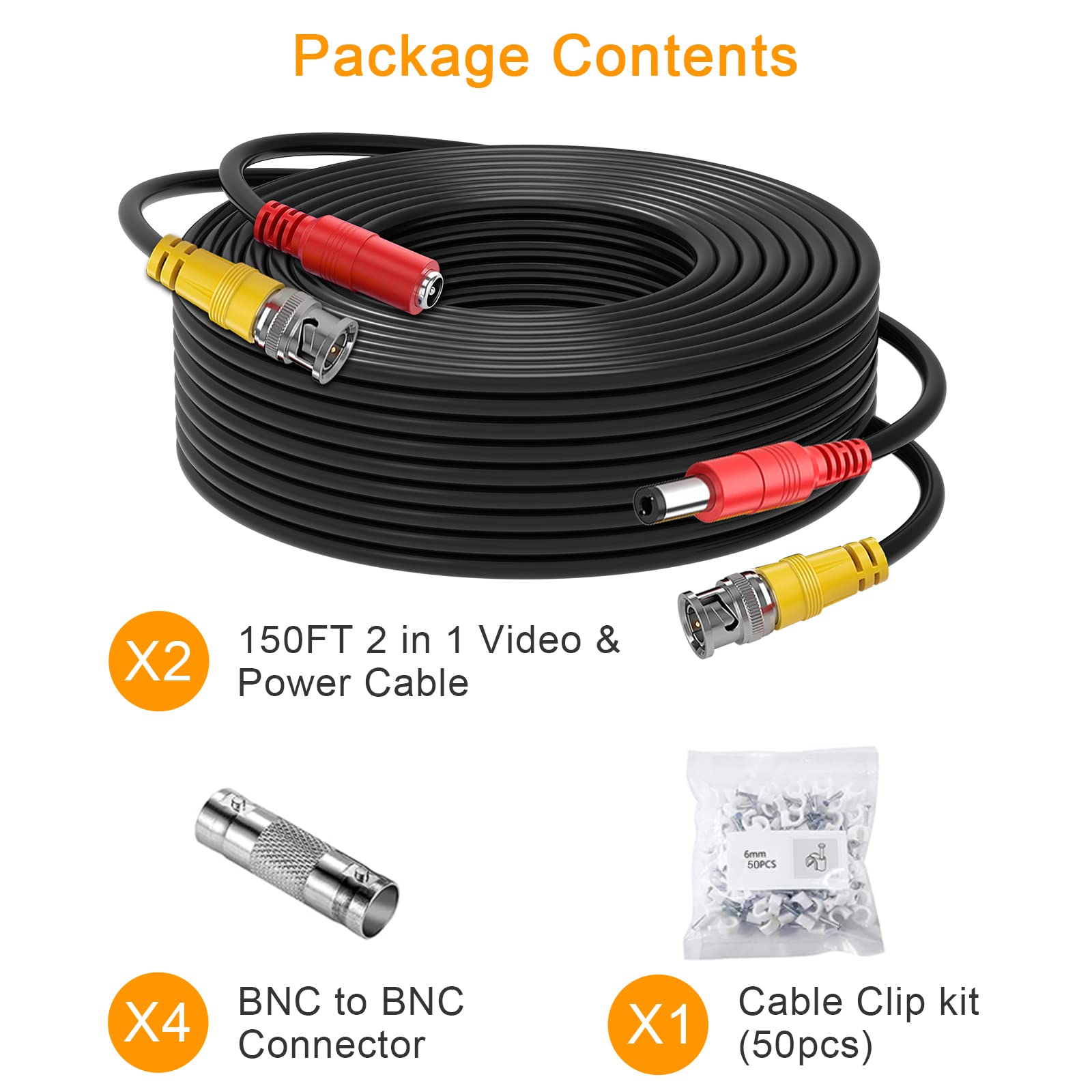 WILDHD BNC Cable,2x150ft All-in-One Siamese Video and Power Security Camera Cable Wire, BNC Extension Cable with 2 Female Connectors for All Max 5MP HD CCTV DVR Surveillance System (150ft 2PCS,Black)