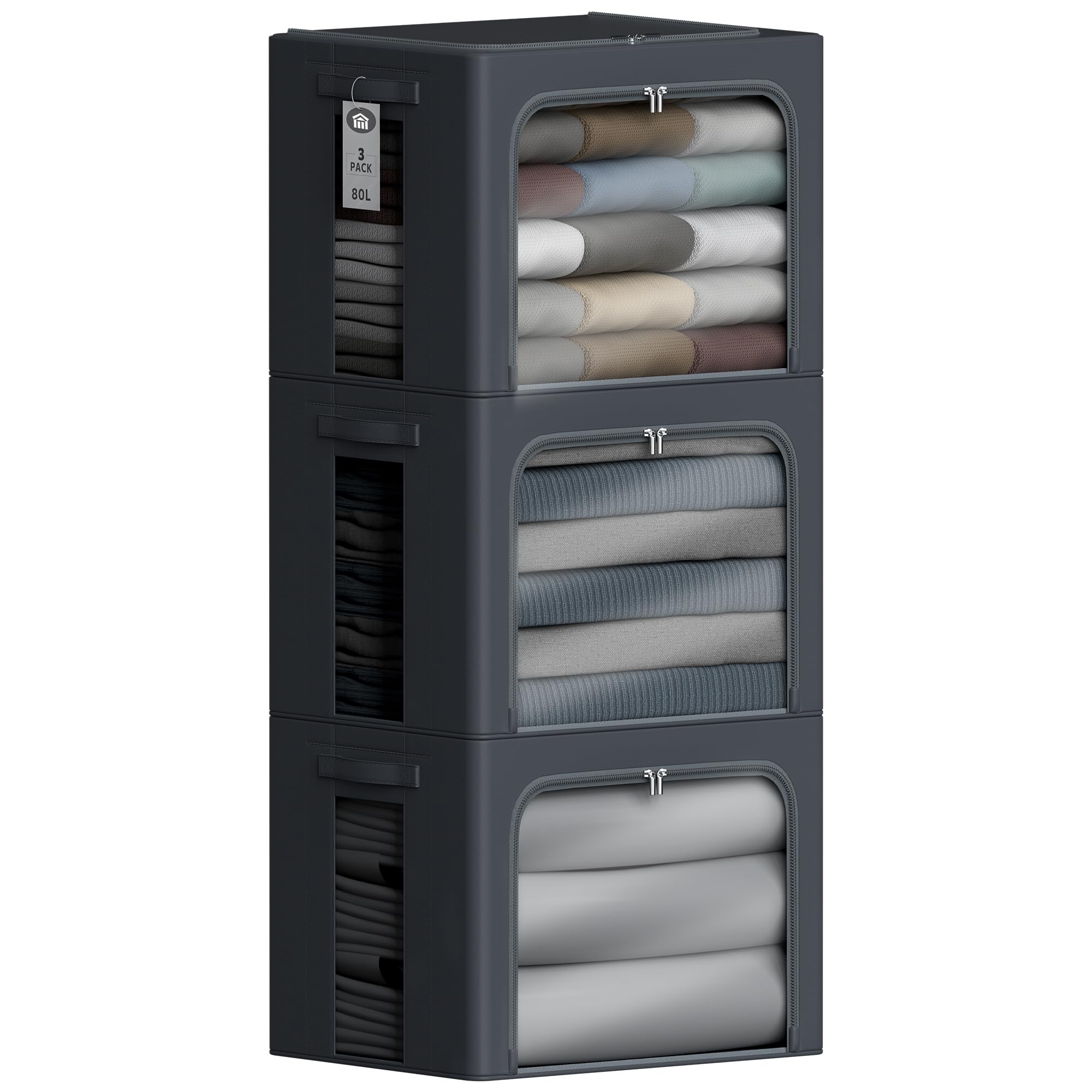 Photo 1 of Chizjox Clothes Storage Bins with Metal Frame - 80L Stackable Storage Box with Lid?Foldable Storage Container Organizer for Clothes?3 Pack Non-Woven Storage Box with Clear Window