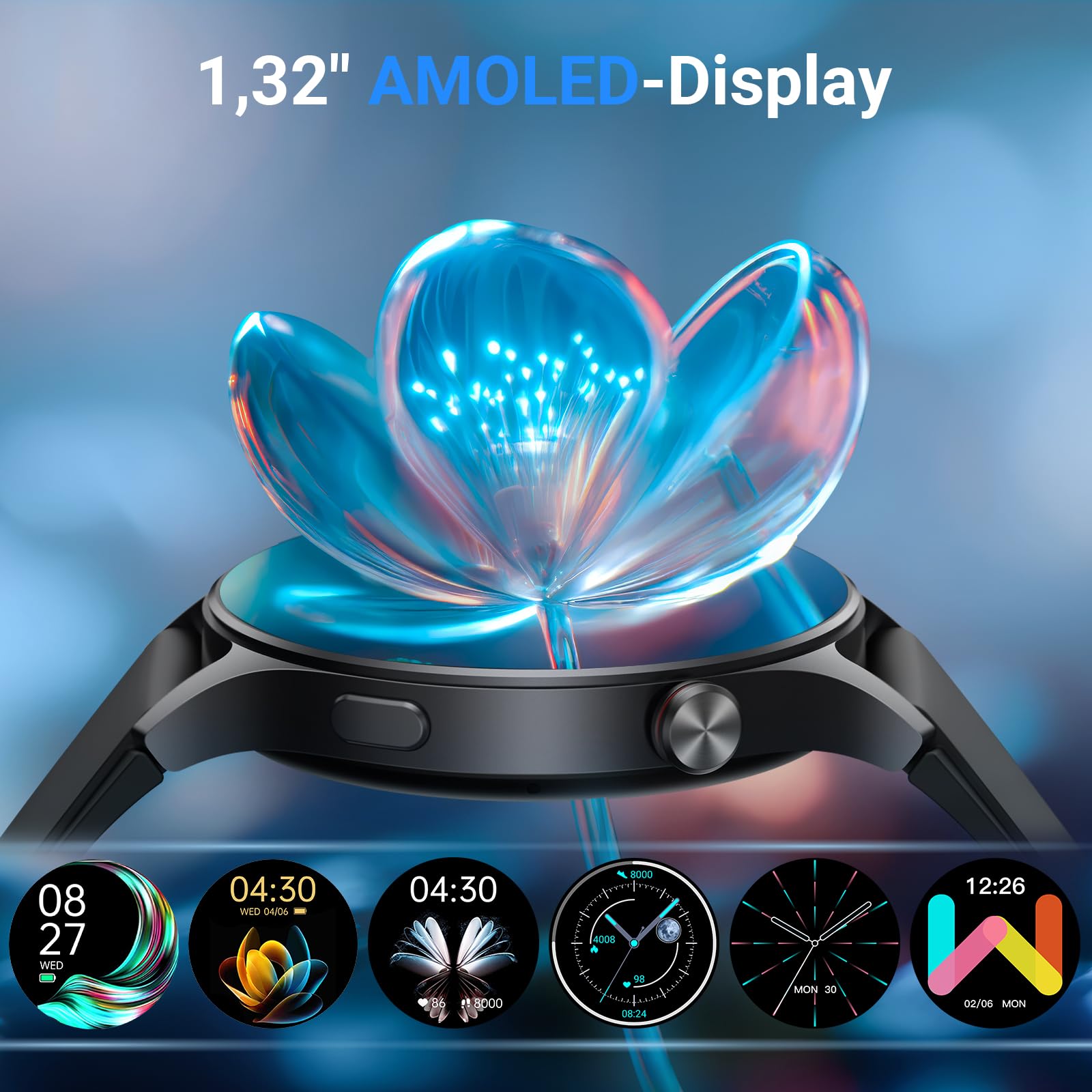 Smartwatch Herren Rund mit Telefonfunktion- 1.32" AMOLED Display, Fitnessuhr mit 110+ Sportmodi &3ATM, Uhren Damen Herren für iOS/Android Schrittzähler mit Pulsmesser/ SpO2/ Schlafmonitor- Schawrz 7