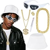 6 Pcs Hip Hop Costume Kit 80s 90s Rapper Accessories Fake Gold Chain Necklace Rings Glasses for Men Women 2000s Halloween Old School Themed Cosplay Party Supplies