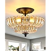 Rjieoc Black Semi Flush Mount Ceiling Light with Amber Glass Shades, 3-Light Modern Farmhouse Chandelier for Kitchen, Bathroo