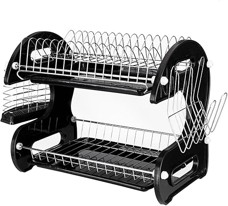 Amazon Com Dish Drying Rack With Drainboard 2 Tier Multifunctional Iron Plastic Dish Drainer Kitchen Organizer With Side Cutlery Cup Holder Large Capacity Black Silver Kitchen Dining amazon com