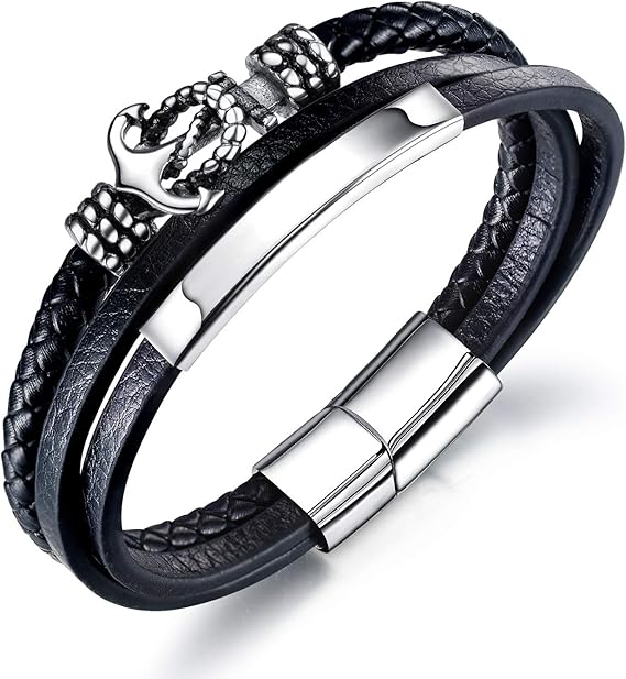 Amazon Brama ブレスレット メンズ バングル レザー ブラック 多層 編み 船の錨 磁気ボタン 編み メンズブレスレット シルバー 腕輪 アクセサリー 黒 ブレスレット 通販
