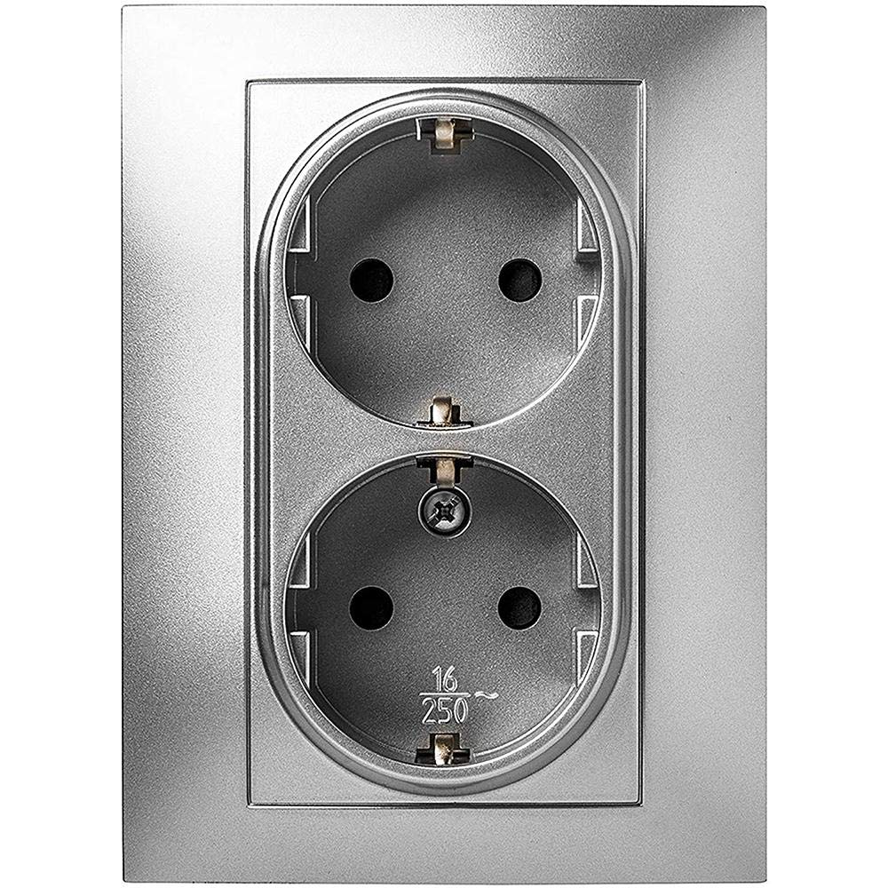 FAMATEL – Double Base | Recessed Socket | Habitat 15 Series | Easy Installation | High Water Tightness of The Product | Free of allergens | Child Protection | TT | 16A | 250V | Aluminium