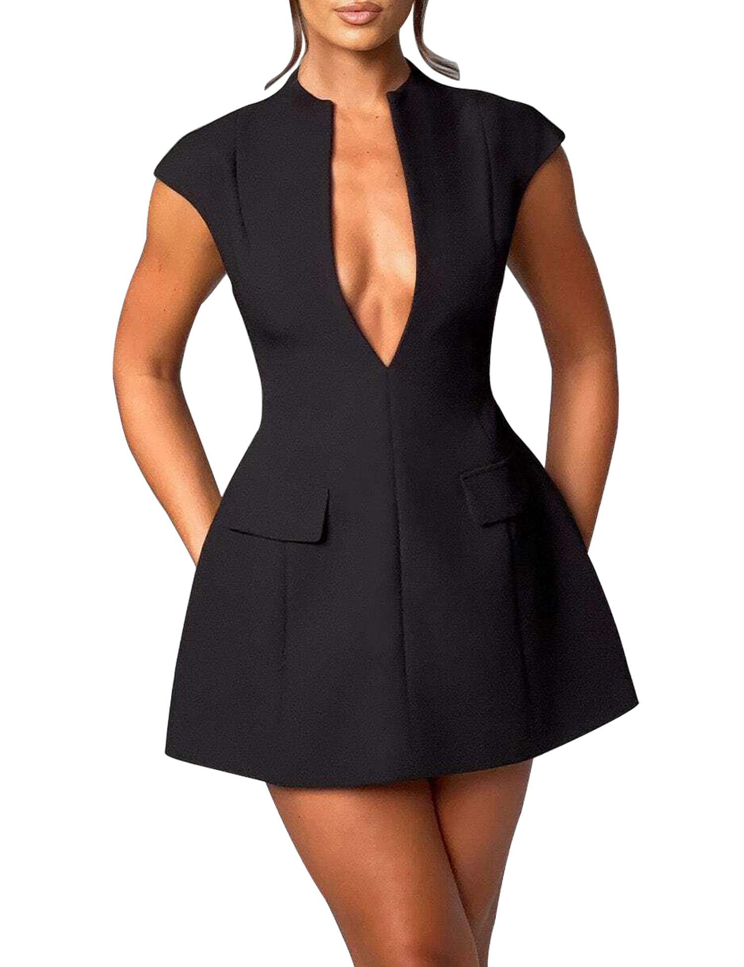 LuFeng Women's Summer Sexy Cap Sleeve Deep V Neck Zipper A-line Mini Dress Hollow Bodycon Night Out Party Dress