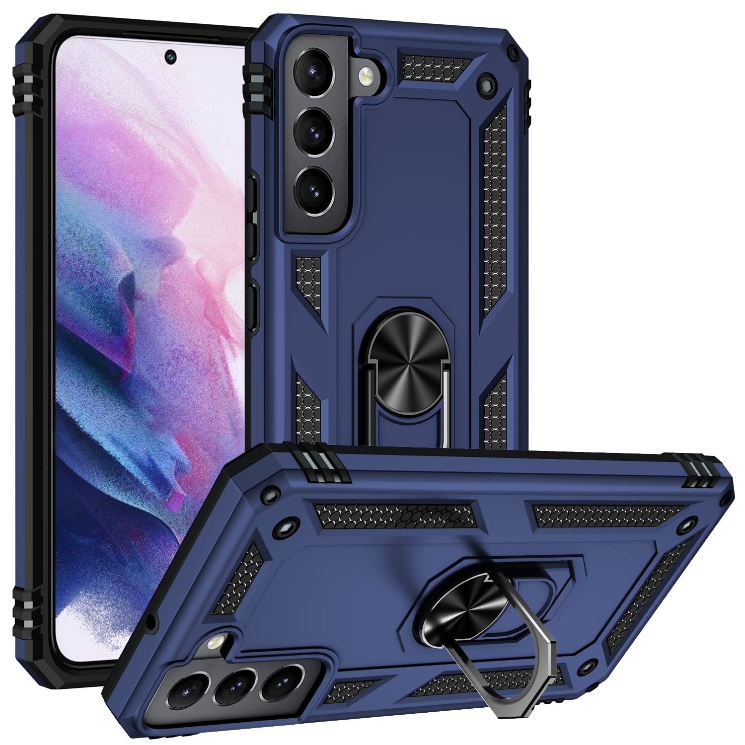 Photo 1 of Dionsibei Military Grade Drop Impact for Samsung Galaxy S22 Case Galaxy S22 5G Case 360 Metal Rotating Ring Kickstand Holder Armor Heavy Duty Shockproof Case for Galaxy S22 Phone Case (Blue)