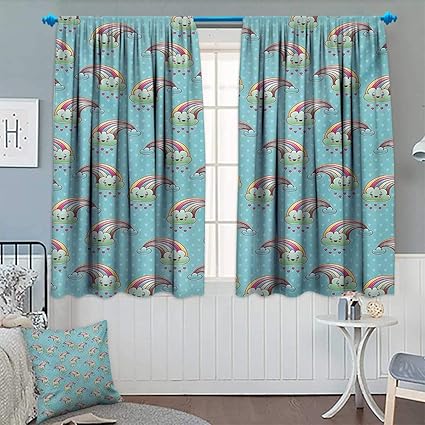 Lonsant Anime Window Curtain Drape Cartoon Rainbow Clouds Smiling