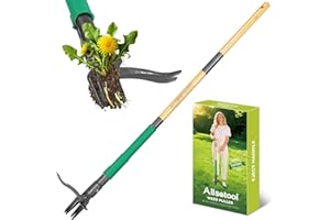 Allsetool Weed Puller with 2 Weed Eject Feature, 43.7in Stand Up Dandelion Remover Tool, Real Bamboo Handle and Metal 4 Claw 