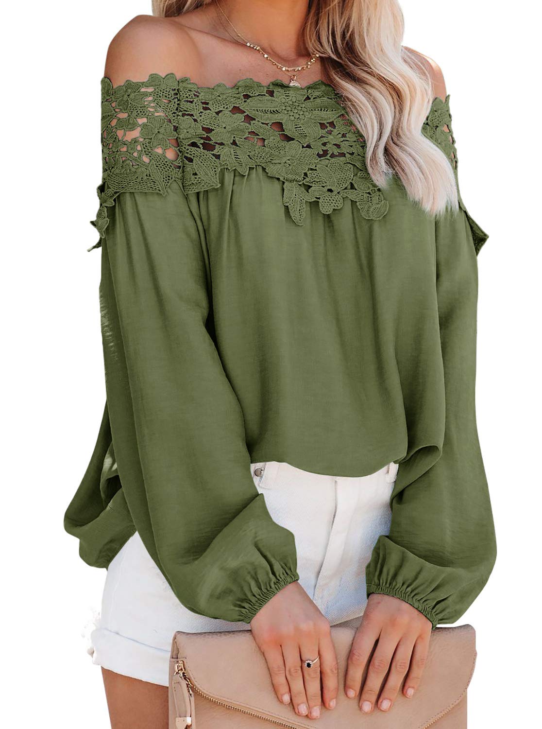 Adreamly Women's Lantern Long Sleeve Lace Crochet Off The Shoulder Tops Loose Blouses