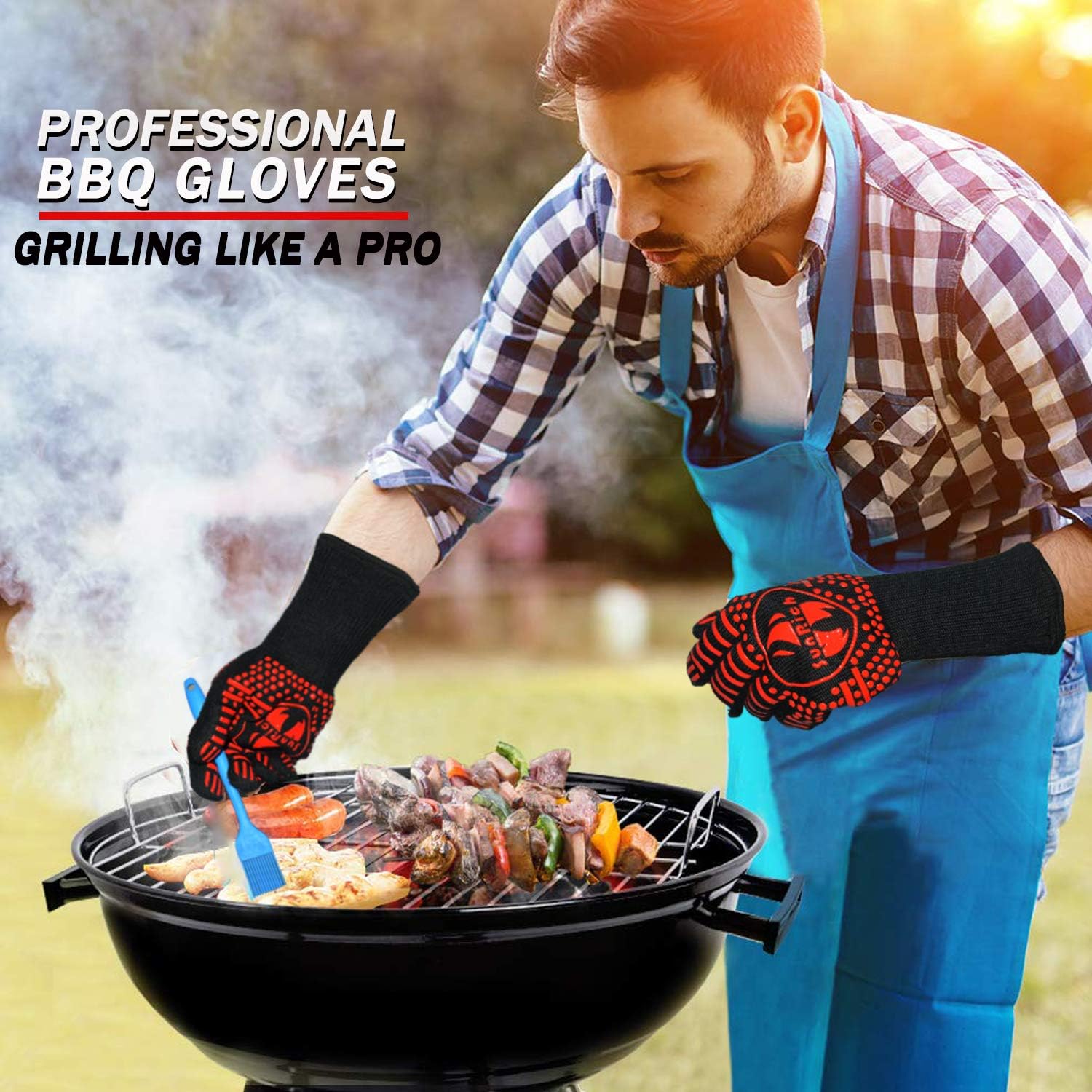 BBQ Grill Gloves 1472℉ Heat Resistant Barbecue Grilling Gloves Kitchen Oven Mitts Silicone Non-Slip Cooking Gloves for Cooking/Baking/Welding/Cutting, 14 Inch by Sunrich (Red): Kitchen & Dining