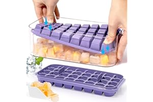 Doonly Easy Release Ice Cube Tray with Lid and Bin, 2 Pack Ice Cube Trays for Freezer, 64 Pcs Ice Trays for Whiskey Cocktail, Tea, Coffee (Purple)