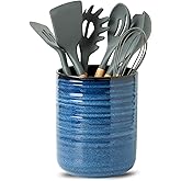 HASENSE Kitchen Utensil Holder, 7.4" x 6.2" Ceramic Utensil Holder for Countertop, Stable Cooking Utensil Organizer Crock for Spatula, Modern Kitchen Decor, Blue