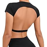 FEOYA Women’s Open Back Crop Tops Short Sleeve Slim Fit Gym Workout Tops with Pads Soft Yoga Fitness Activewear