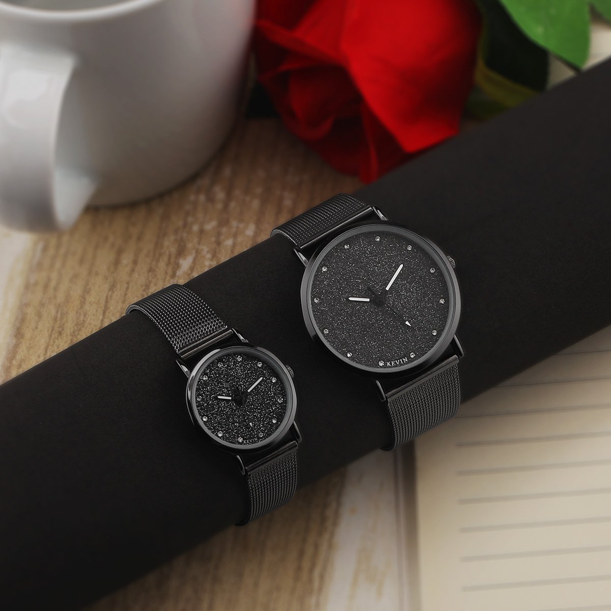 LONGQI Rhinestone Couple Mesh Watch Starry Dial Round Case Sparkling Wristwatch Holiday Gift (Couple)