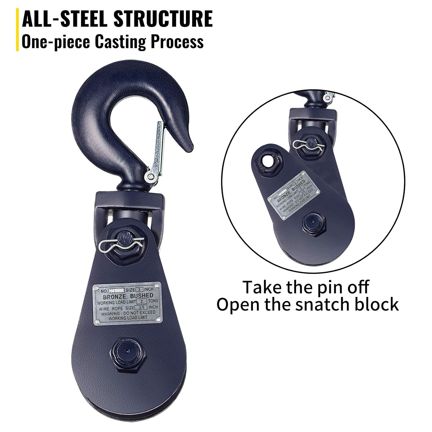 VEVOR 2ton Snatch Block with Hook, 4400 lbs Capacity Snatch Rigging Blocks, 3'' Single Sheave Block with Swivel Hook and Latch, Heavy Duty Fitting 3/8'' Wire Rope for Wrecker, Roll Back, Recovery: Industrial & Scientific