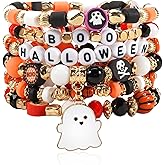 Budsmile Halloween Bracelets for Women Boo Pumpkin Skull Ghosts Stretchy Beaded Bracelets Spooky Skeleton Bat Cat Stackable Bracelet Christmas Bracelet Jewelry