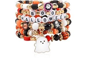 Budsmile Halloween Bracelets for Women Boo Pumpkin Skull Ghosts Stretchy Beaded Bracelets Spooky Skeleton Bat Cat Stackable Bracelet Christmas Bracelet Jewelry