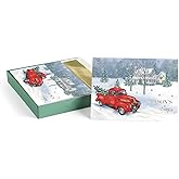 Masterpiece Trucking The Tree Christmas Cards / 16 Boxed Red Truck Country Holiday Card Set With Gold Foil Accents And Coordinating Envelopes / 5 5/8" x 7 7/8" Folded Winter Christmas Tree Farm