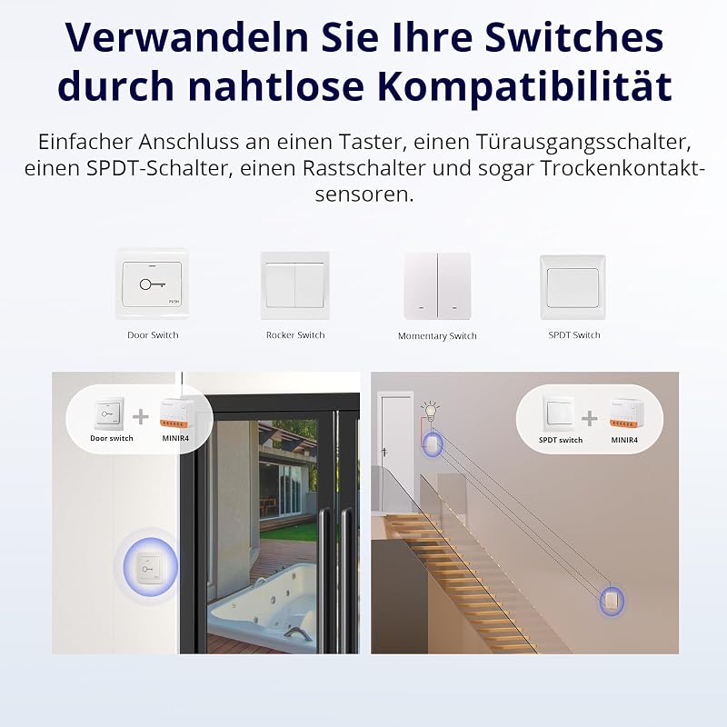 MINIR4 Wlan Smart Schalter 2 Wege 4PCS - Smarte Lichtschalter mit Timing-Funktion, Relay Split Mode, 2.4G WiFi, Neutralleiter erforderlich, Funktioniert mit Alexa/Google Home/eWeLink App