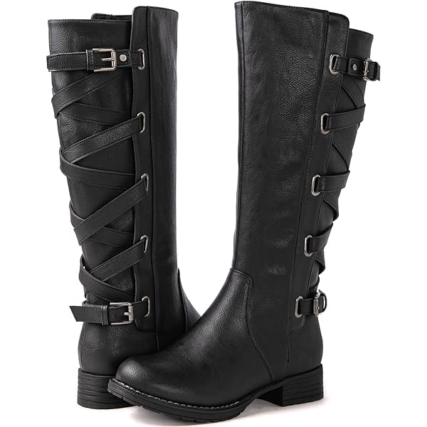 Amazon.com | Women's Vintage Round Toe Lace-up Buckle Knee High