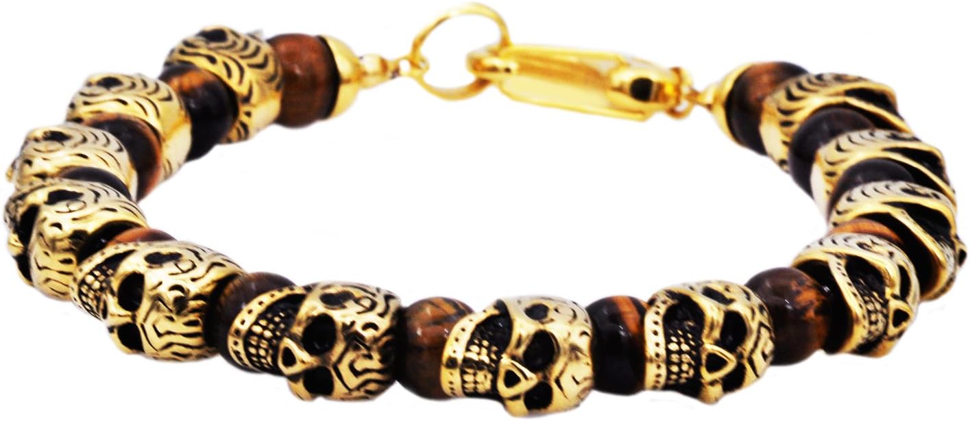 Blackjack Jewelry Men's Genuine Gemstone Stainless Steel Skeleton Skull Punk Beaded Hand Bracelet With Cuff Hook Clasp