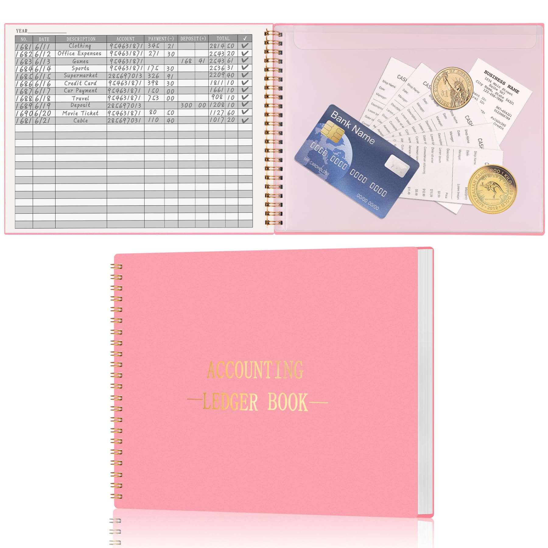HAUTOCO Accounts Book for Finance Bookkeeping, Accounting Ledger Book for Small Businesses and Home Budget Tracking, Income and Expense Log Books - 257 x 200 mm (Pink)